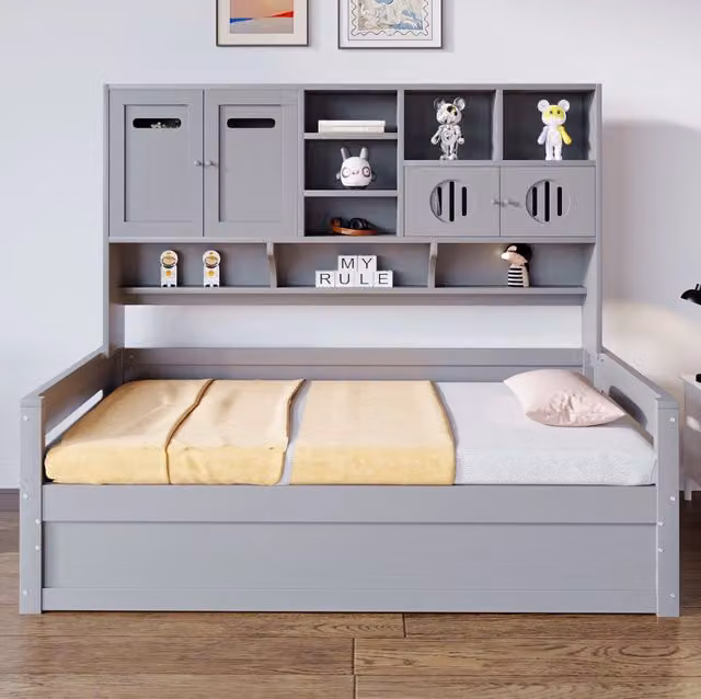 Letto singolo in legno di pino 90x200 cm con contenitore multifunzionale e meccanismo idraulico, grigio