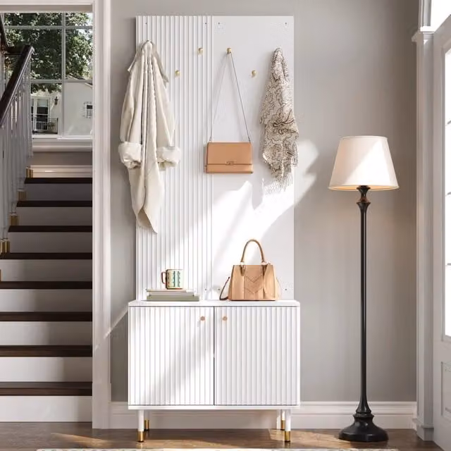Mobile da ingresso OKWISH bianco con scarpiera a 2 ante e ripiani interni, L: 70 cm, P: 35 cm, H: 180 cm