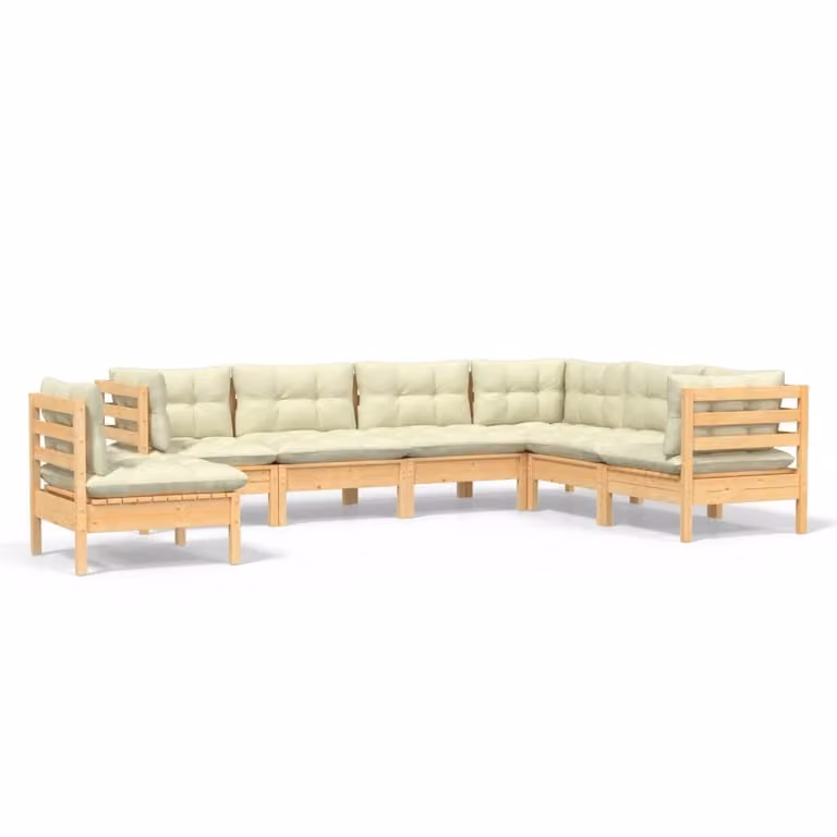 Set Divani da Giardino 7 pz con Cuscini Crema in Massello di Pino