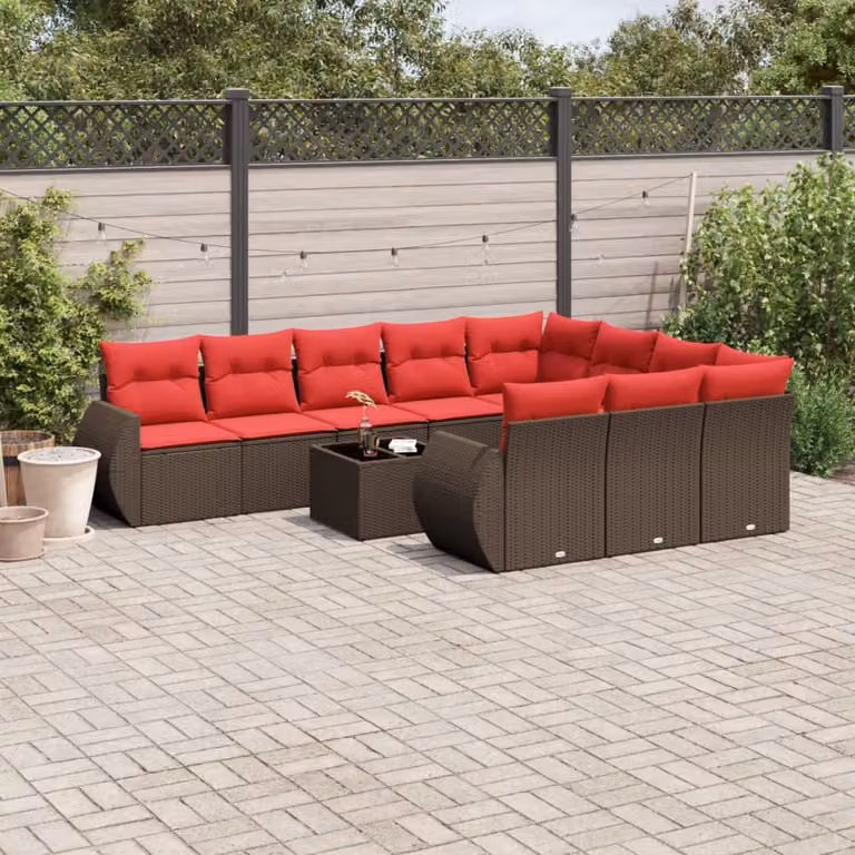 Set Divani da Giardino vidaXL 11 pz a Forma a L con Cuscini e Tavolino, Colore Marrone e Rosso, in Polyrattan e Metallo con Struttura in Acciaio Verniciato a Polvere