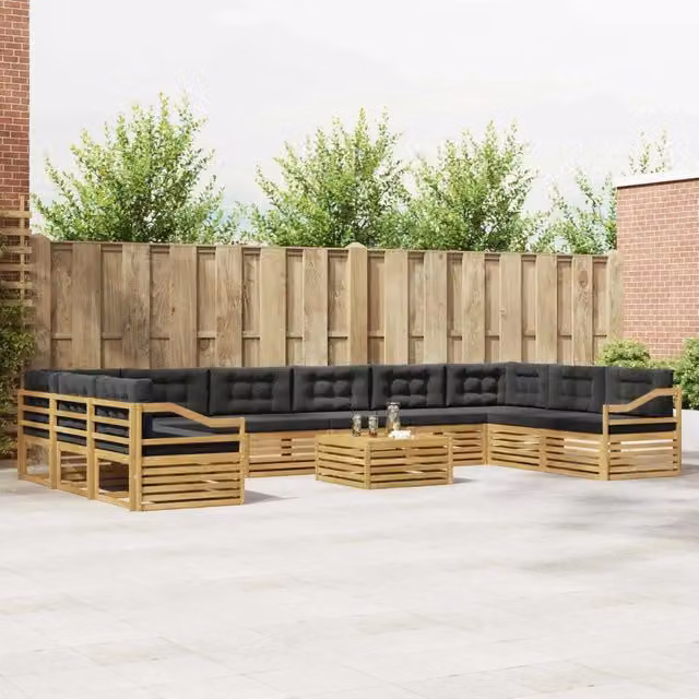 Set di divani da giardino a L vidaXL in legno di acacia con cuscini, colore marrone e grigio