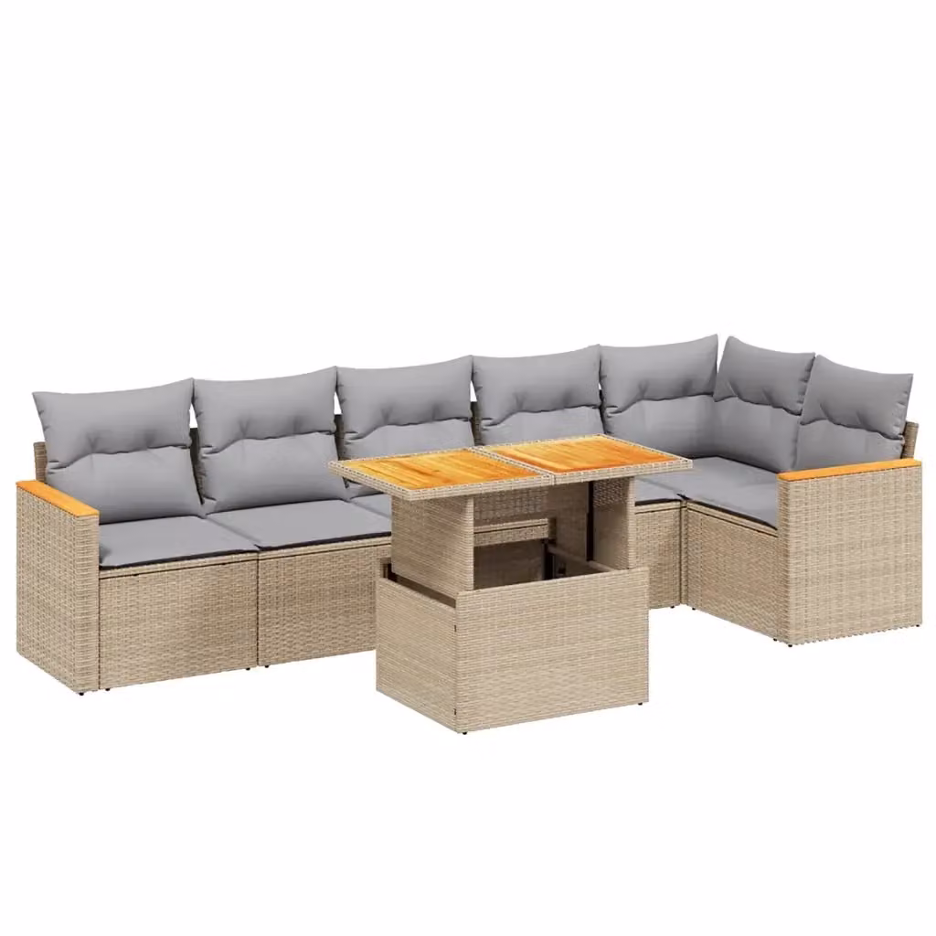 vidaXL Set Divani da Giardino 7 pz a Forma a L in Polyrattan con Cuscini Beige e Grigio e Tavolino da Esterno – 2