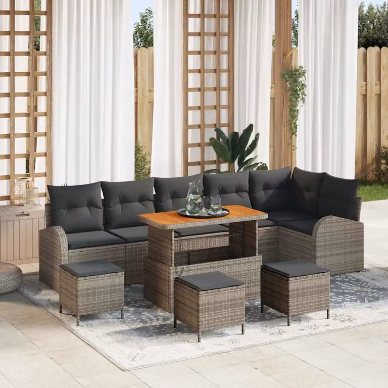 Set Divano da Giardino vidaXL 10 Pezzi a Forma di L Grigio con Cuscini e Tavolino in Polyrattan e Acciaio