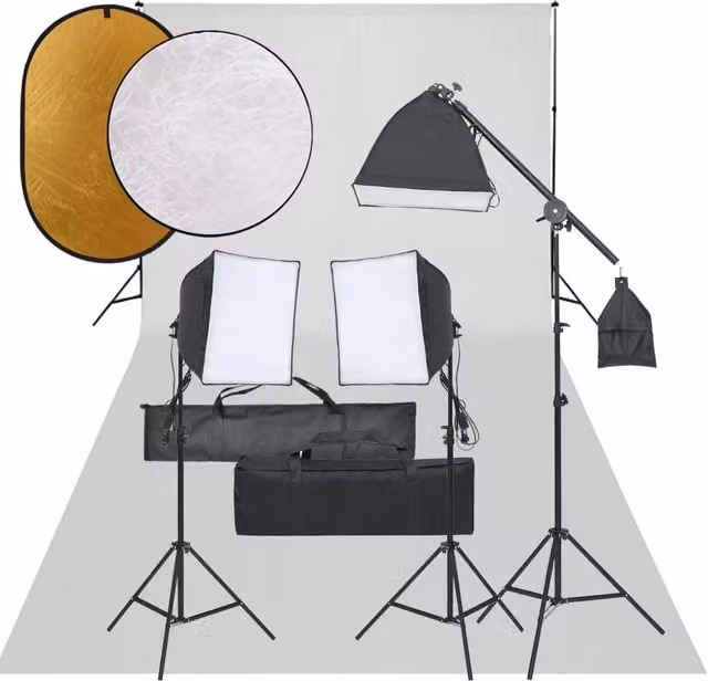 Kit per studio fotografico professionale con illuminazione LED, fondale e riflettore nero