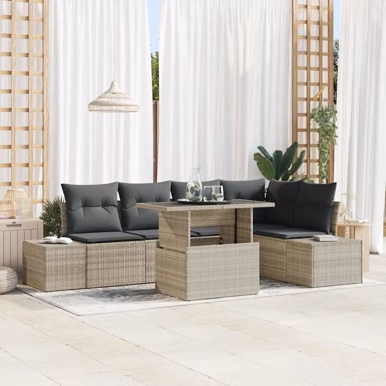 Set Divano da Giardino Moderno vidaXL a Forma di L in Polyrattan Grigio con Cuscini e Tavolino da 6 Pezzi