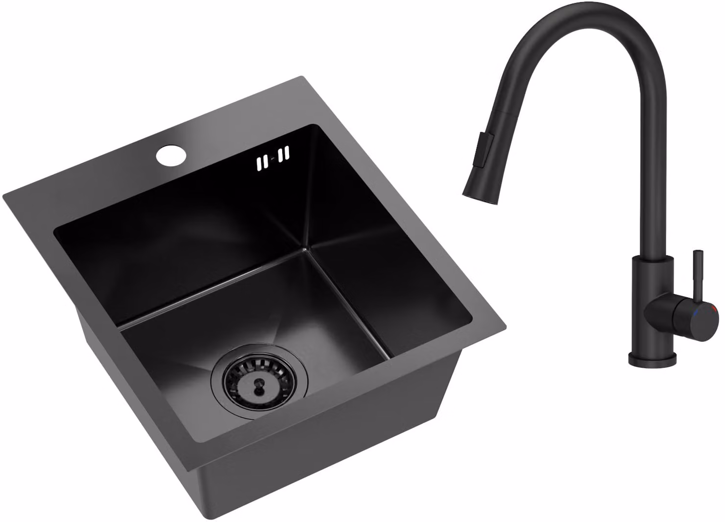 VBChome Lavello in acciaio inox con rubinetto 40 x 45 cm Nero Lavello da incasso in acciaio inox con foro per rubinetto Lavello da cucina in acciaio inox Lavello Grande vasca Set di scarico Sifone Lavello in acciaio inox Nero con rubinetto