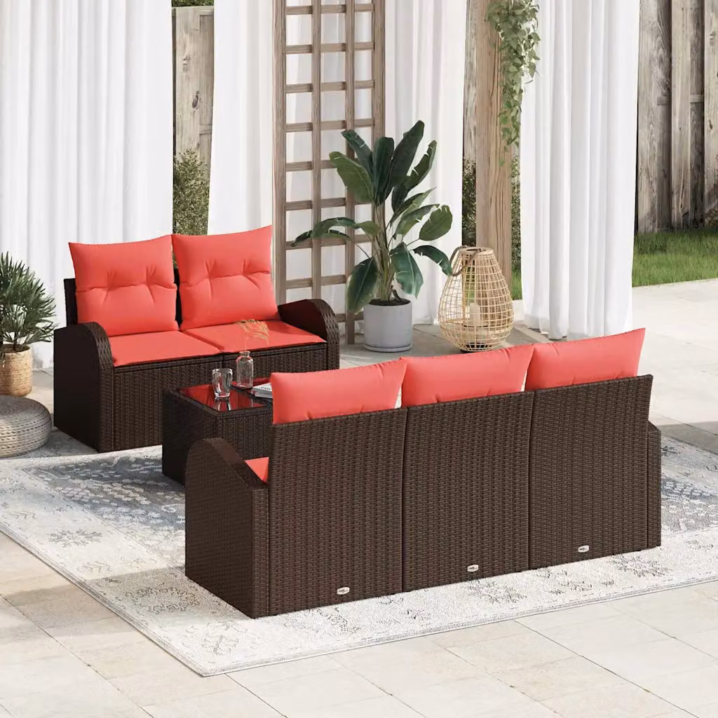 Set di divani da giardino vidaXL a forma di U composto da 6 pezzi con tavolino, colore marrone e rosso, struttura in acciaio verniciato a polvere e cuscini inclusi