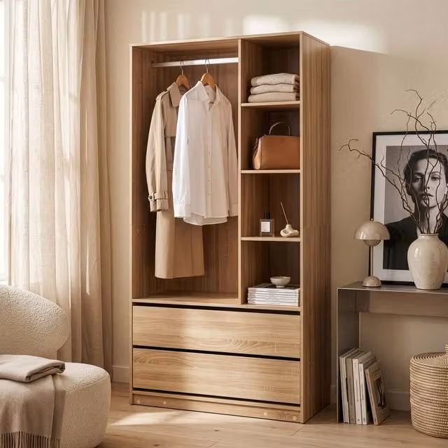 Armadio Aperto Vippsaki Guradaroba con Barra Appendiabiti 4 Scomparti e 2 Cassetti 200 x 100 x 50 cm - Effetto Rovere [en.casa]