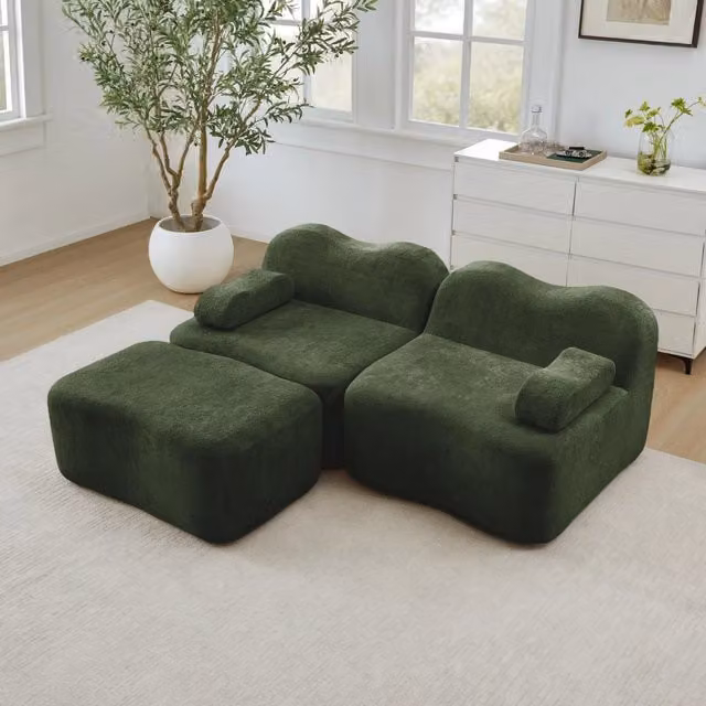 Divano modulare 2 posti con pouf e bracciolo mobile in velluto verde