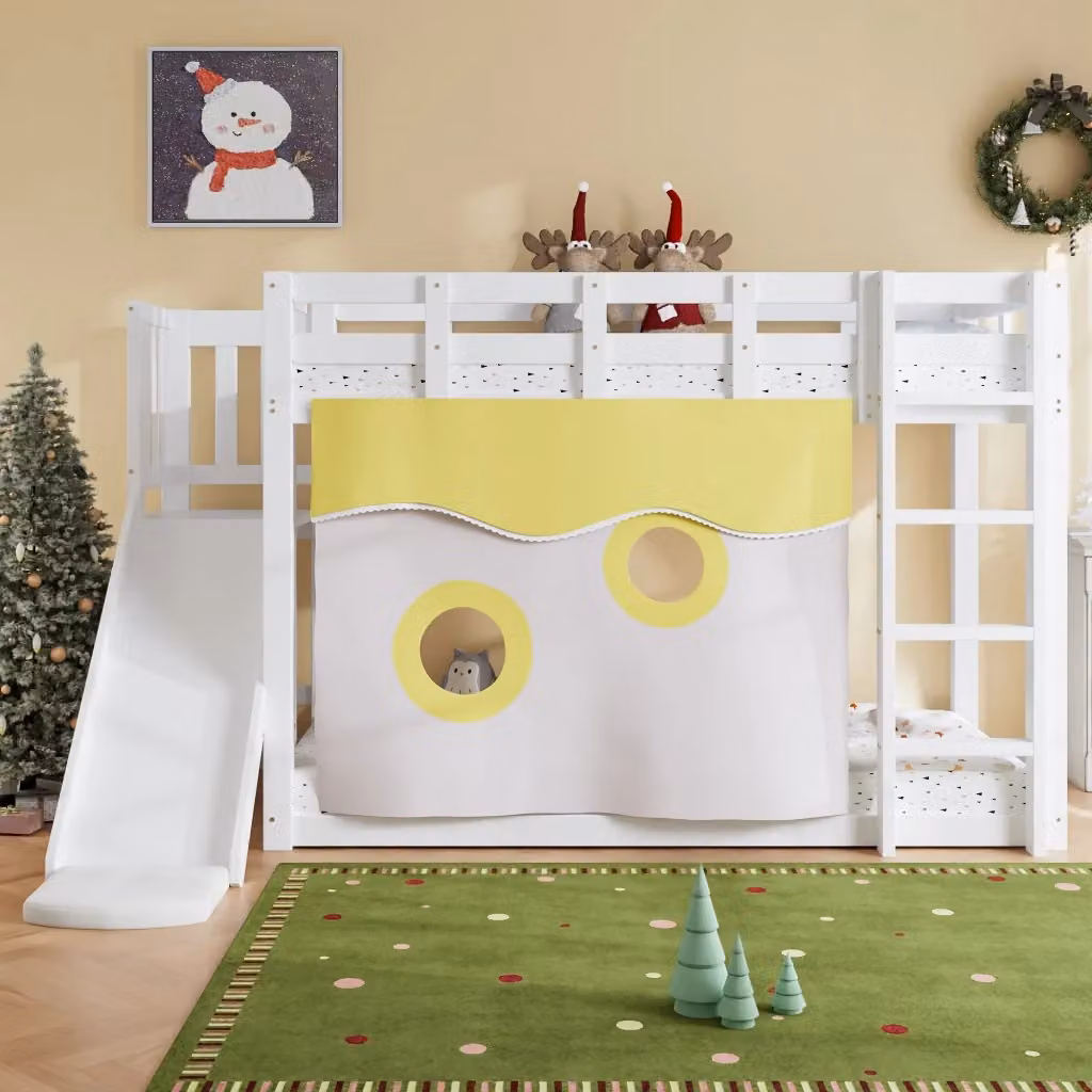 Letto a castello per bambini REDOM in MDF e pino bianco con scivolo e tende L/P/H: 90 x 200 cm – 2