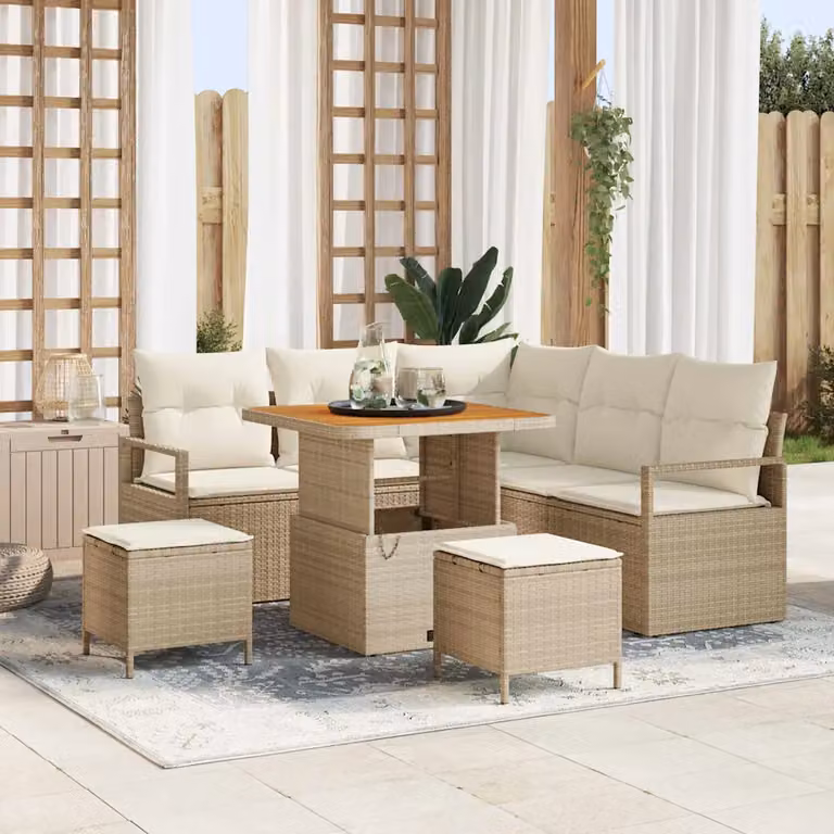 vidaXL Set Divano da Giardino a L con 8 Posti, Beige e Bianco, con Cuscini e Tavolino da Caffè