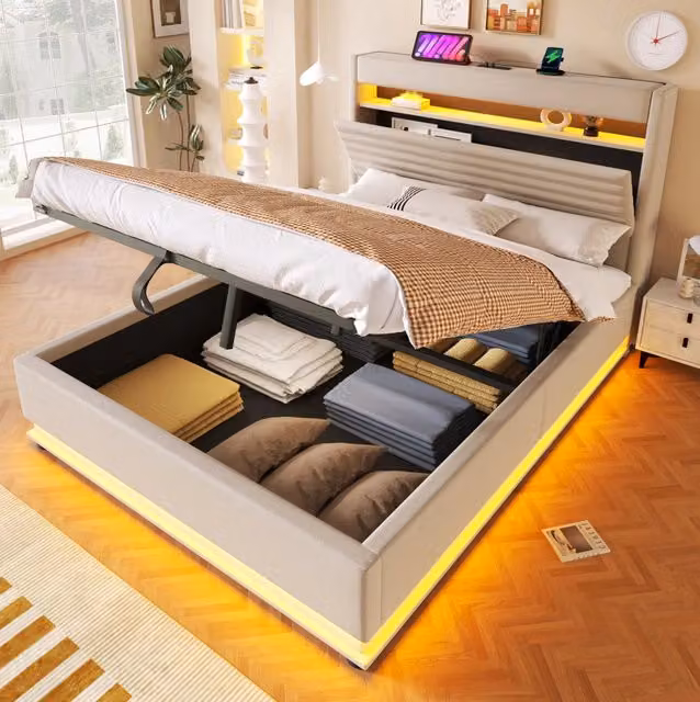 Letto imbottito beige 140x200 cm con LED, USB/Type-C e vano idraulico