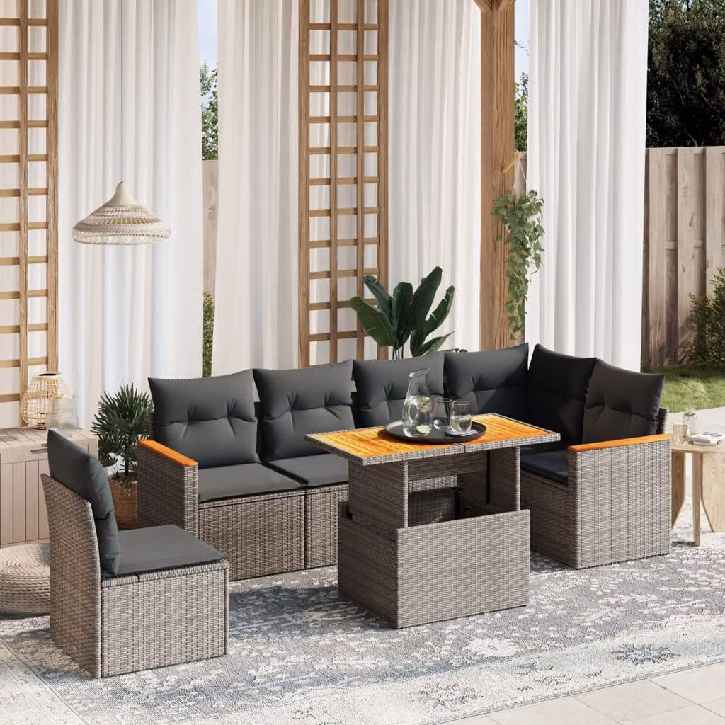 Set di divani da giardino vidaXL in polyrattan grigio con cuscini, tavolo e sedute a forma di L per esterno – 1