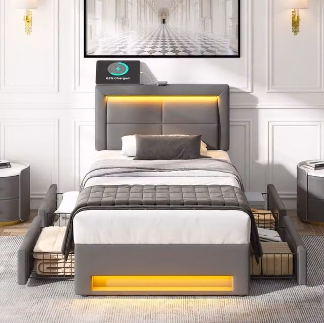 Letto imbottito 90x190 cm con USB, ricarica wireless, LED e 4 cassetti in PU grigio