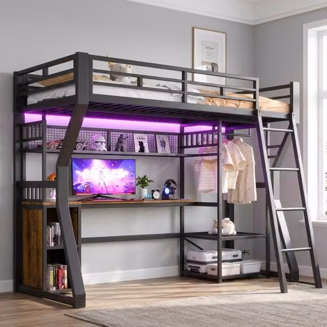 Letto a soppalco singolo Mivray nero con scrivania, appendiabiti, ripiani, barra luminosa e presa USB, L/P/H: 204 x 90 x 180 cm – 1
