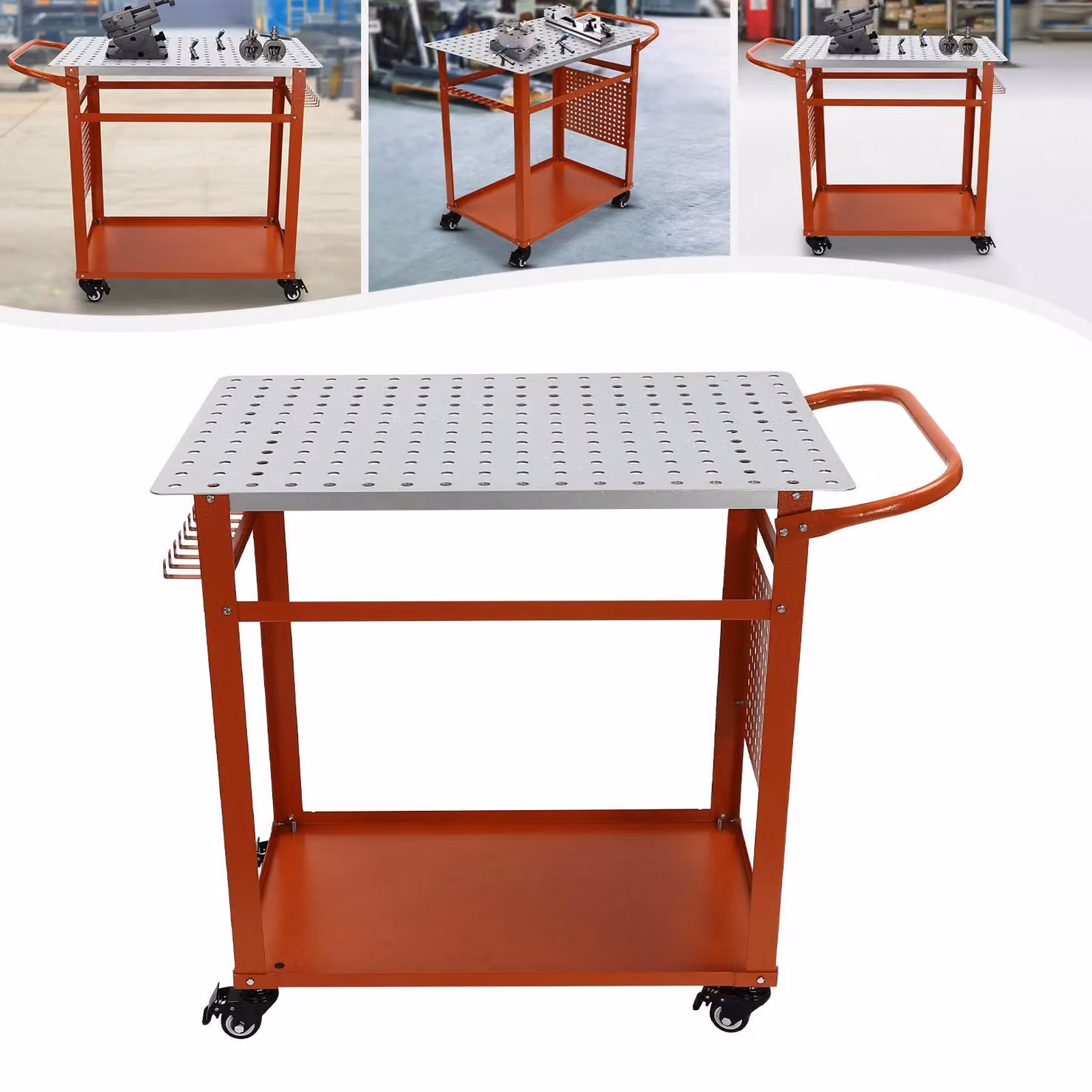Tavolo da saldatura - Banco da saldatura - 91,44×61×91,44 cm - 2 ripiani - Portata 272 kg - 4 rotelle - Foratura da 16 mm, passo 5,08 cm - Acciaio - Rosso