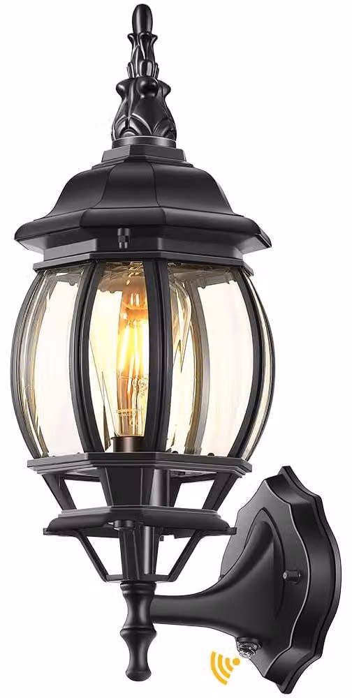 Lampada da parete esterna con sensore di luminosità, in alluminio, colore nero, attacco E27