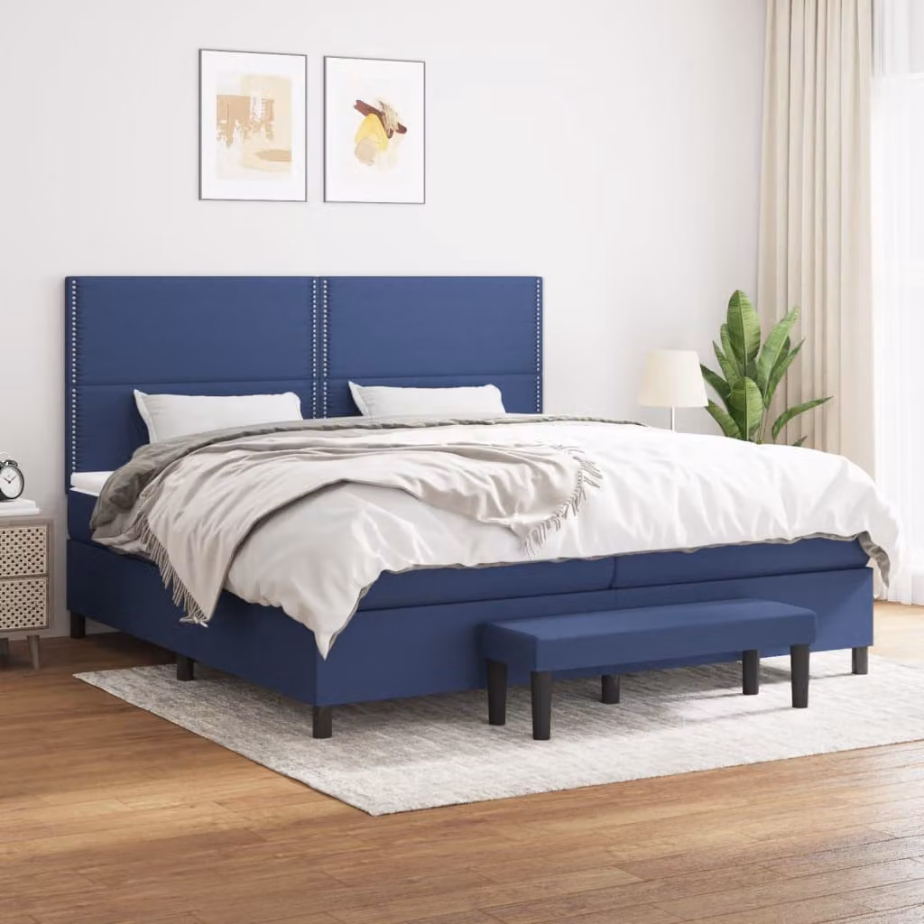 The Living Store Letto a molle con materasso blu 200x200 cm in tessuto