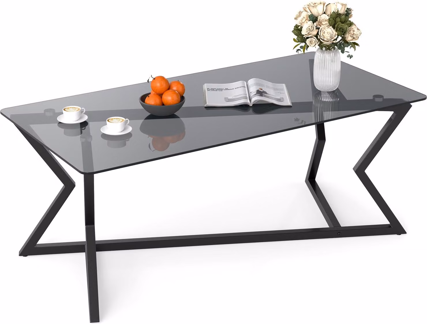 Tavolino in vetro COSTWAY, tavolino rettangolare con piano in vetro temperato e struttura geometrica in metallo, tavolino da caffè, tavolino decorativo, 110 x 55 x 44,5 cm