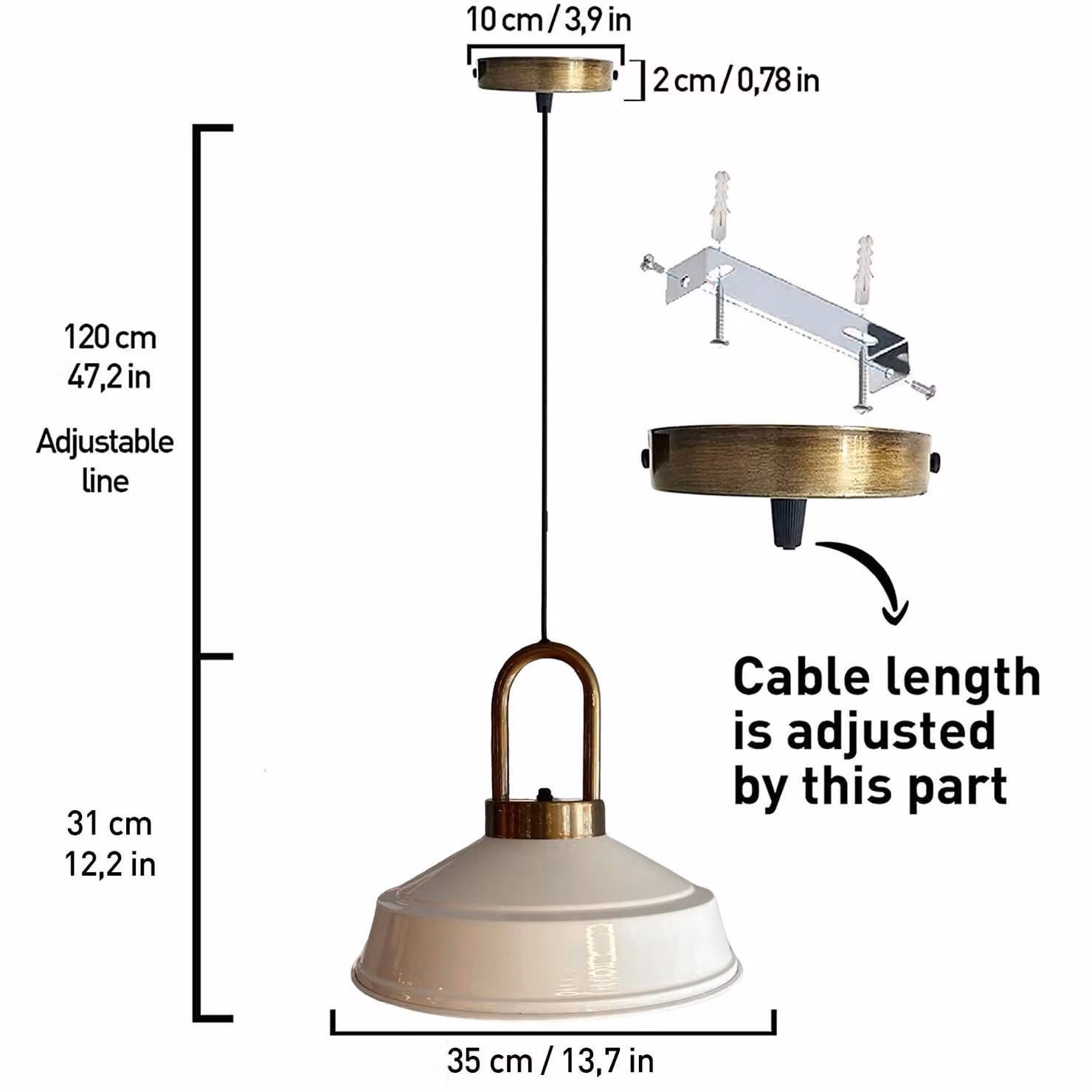 Lampada a sospensione Asletl Ø35 cm, lampada a sospensione industriale in metallo bianco-bianco