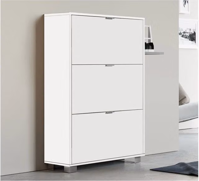 Scarpiera moderna Taco con 3 ripiani in MDF Bianco Lucido L: 118 cm, H: 76 cm, P: 30 cm