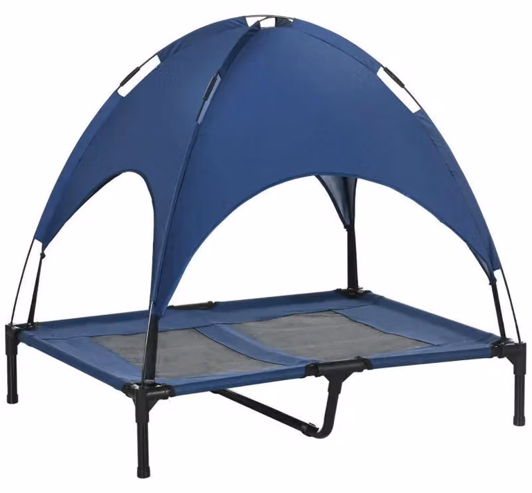 Letto rialzato per cani con baldacchino | Colore: blu scuro + nero | Dimensioni: 76x92x90 cm