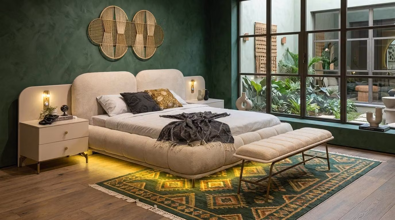 Due comodini, panca, camera da letto, stile moderno, beige, confortevole