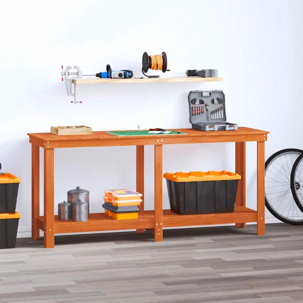 Banco da lavoro con scaffale in legno di pino Marrone Cera L: 180 cm, P: 50 cm, H: 80 cm – 2
