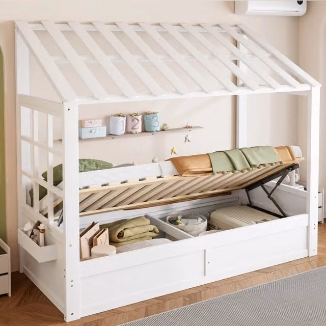 Letto casetta per bambini 90 x 200 cm con tetto; finestra e contenitore idraulico bianco