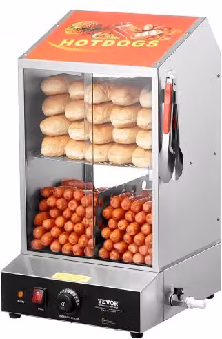 VEVOR Macchina per Hot Dog a Vapore Elettrica da 37L con 2 Ripiani, Scalda Panini in Acciaio Inox e Vetro Temperato, Colore Argento