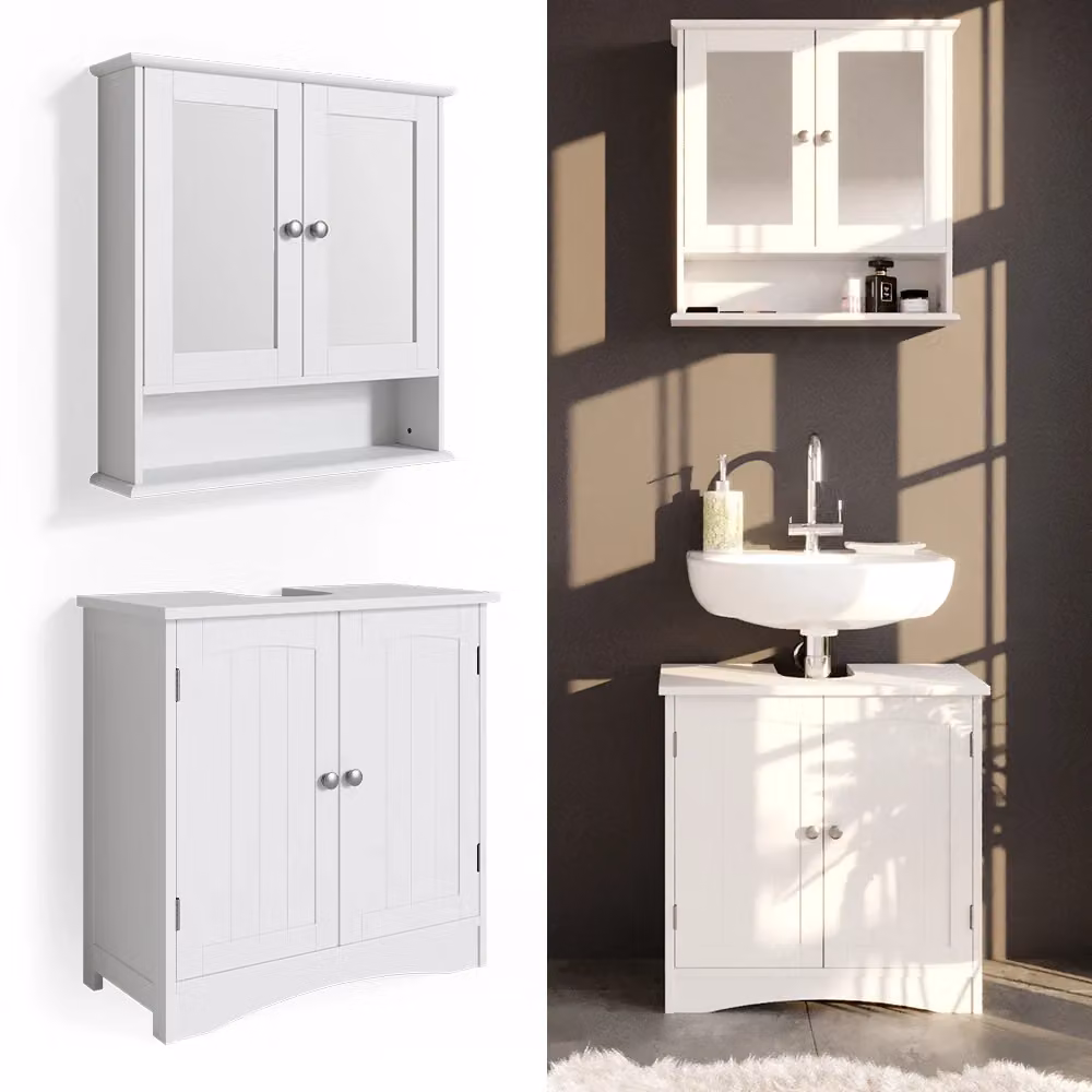 Set mobili bagno Vicco composto da mobile lavabo e pensile con specchio, Bianco, L: 60 cm, P: 30 cm, H: 60 cm – 2