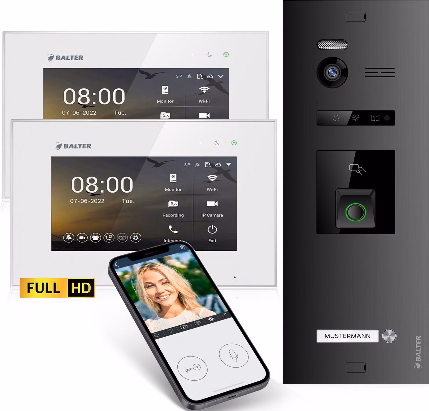 Videocitofono HD con impronta digitale RFID e app per smartphone per una casa monofamiliare, 2x monitor, Balter EVO HD Fingerprint
