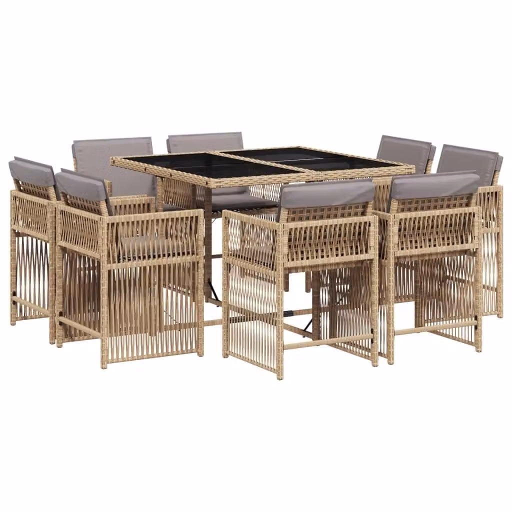 Set Pranzo da Giardino 9 pz con Cuscini Beige Misto Polyrattan