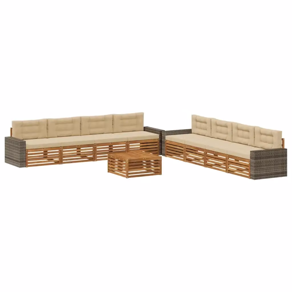 Set di divani da esterno a forma di U vidaXL in legno di acacia con tavolo da caffè e cuscini, Beige e Marrone – 2