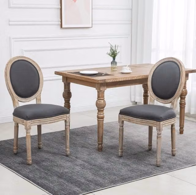 Set di 2 Sedie da Pranzo Grigie con Schienale, Rivestimento in Effetto Lino, Gambe in Legno di Caucciù