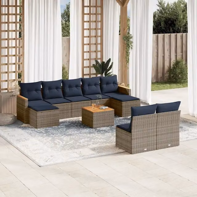 Set di divani da giardino vidaXL in rattan e legno di acacia oliato con cuscini grigi e blu per esterno