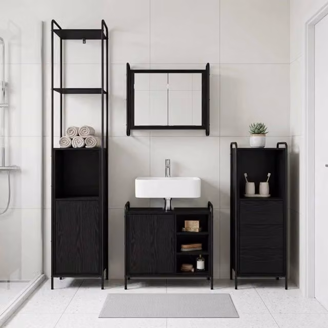 Set di Armadi da Bagno 3 pz Rovere Nero 40 x 36 x 200,5 cm 3444579