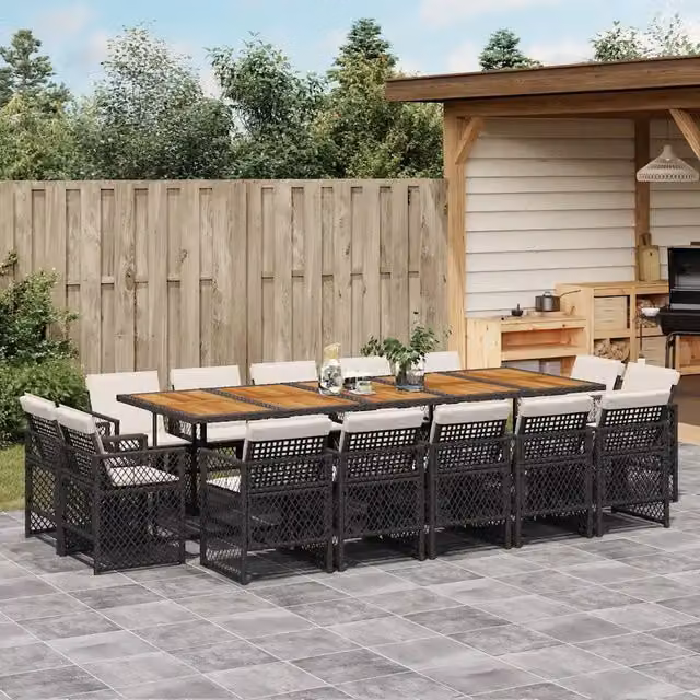 Set da pranzo da giardino vidaXL in legno di acacia e polyrattan da 15 pezzi con cuscini nero e marrone – 1