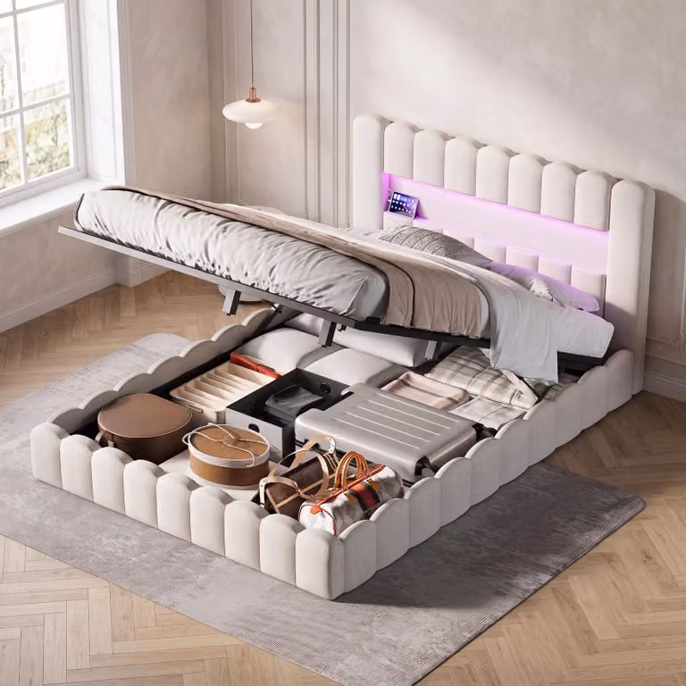 Letto imbottito INONEFT 180x200, letto matrimoniale modello "bubble" con LED e funzione di ricarica USB, testiera imbottita, letto con box e meccanismo a sollevamento idraulico, colore: lino, beige