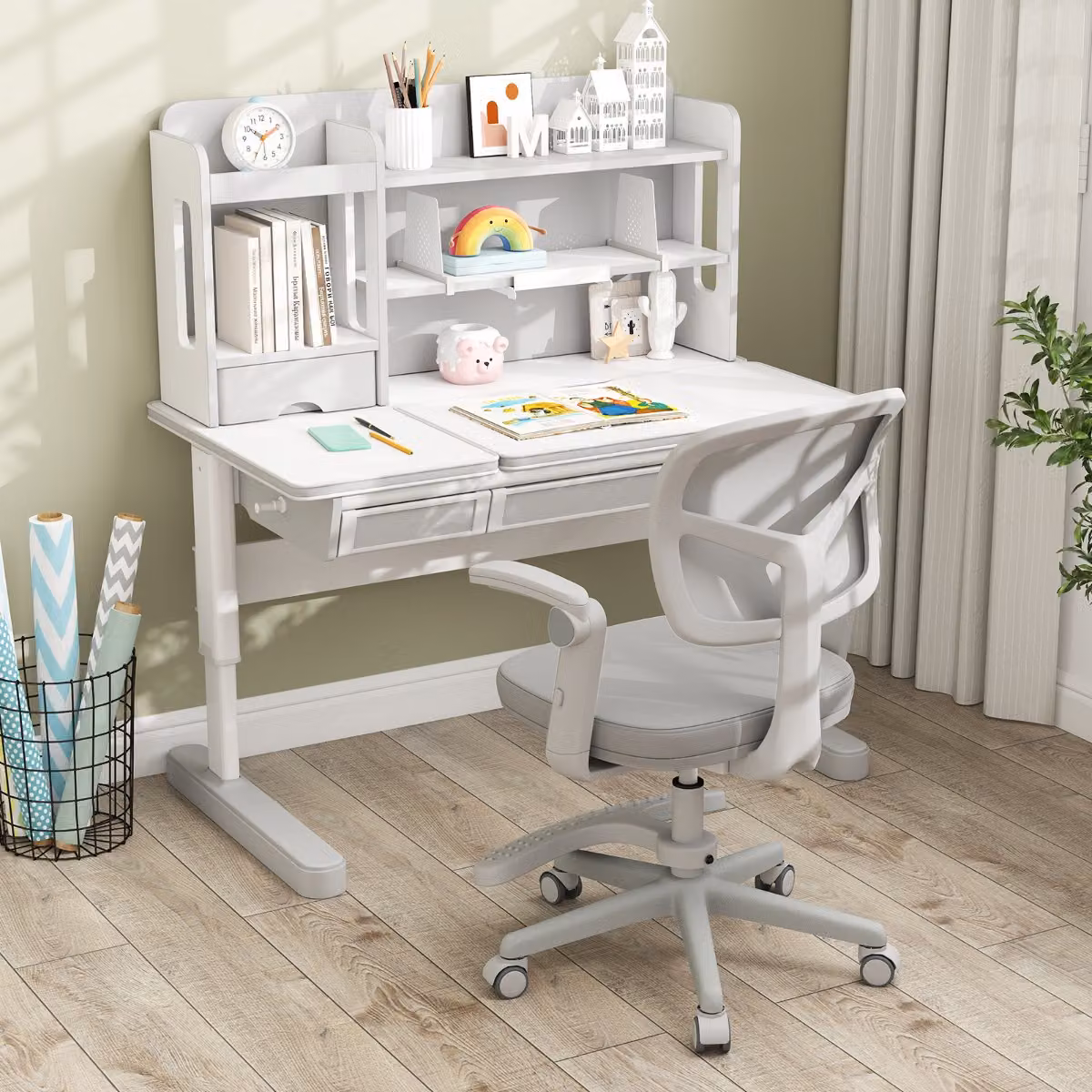 Costway Sedia da studio con altezza regolabile da computer in rete, Sedia da scrivania per bambini ruote universali Grigio