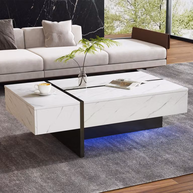 Tavolino da caffè bianco lucido, con illuminazione LED, motivo marmorizzato e design irregolare