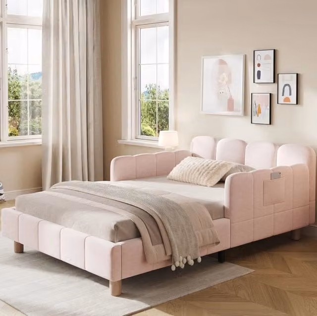 Letto singolo per bambini 90 x 200 cm in velluto rosa con testiera ergonomica e tasche laterali