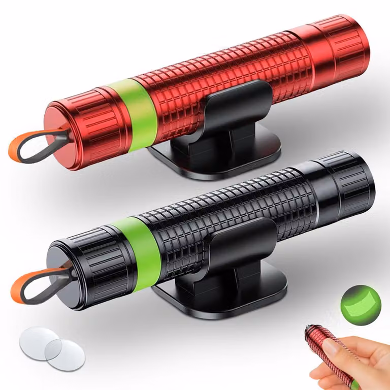 Martello multifunzione con taglierino per cinghie, 2 in 1, fosforescente, nero e rosso, confezione da 2 pezzi, inclusa una provetta di prova