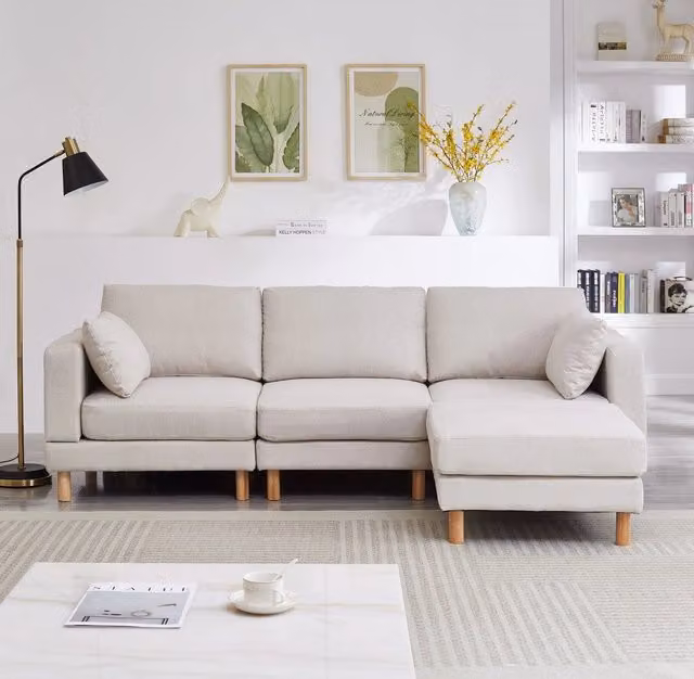 Divano Angolare 3 Posti con Poggiapiedi ¨C Xylo ¨C Beige, Tessuto Poliestere, Gambe in Legno Massello, 235x152x78 cm