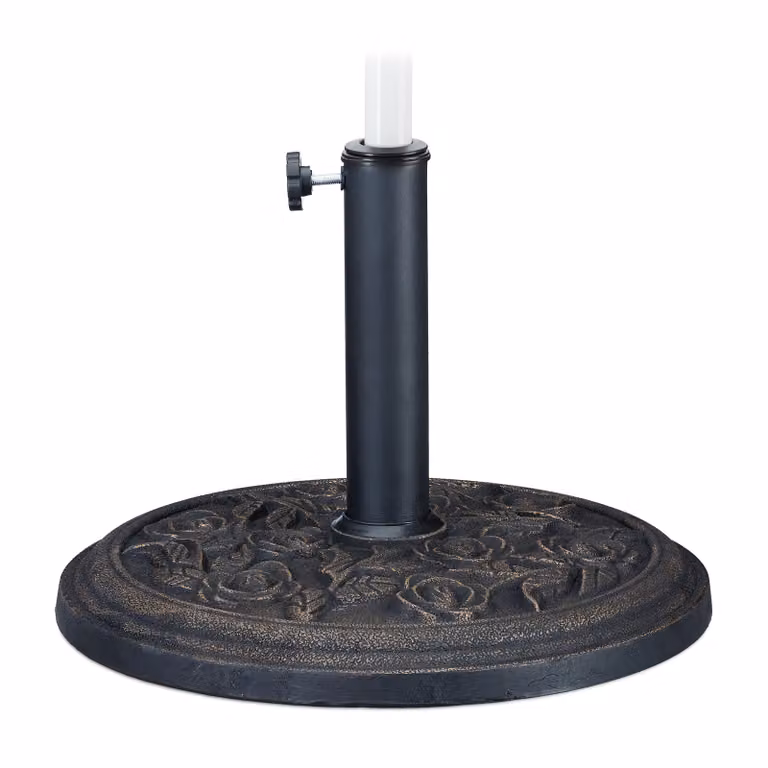 Supporto per ombrellone Relaxdays, design a rose, per aste da 35 / 38 / 48 mm, resistente al vento, stabile, resina sintetica, nero-oro