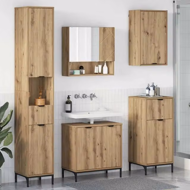 Set di mobili per il bagno moderno vidaXL in legno e metallo color rovere marrone composto da mobile sottolavabo, pensile e colonna alta