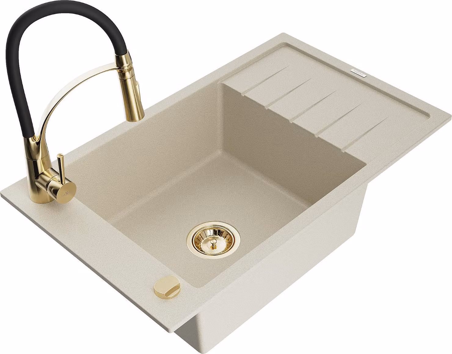 Mexen Elias lavello in granito 1-vasca con gocciolatoio e rubinetto da cucina Aster, beige - 6511-69-73450-57-G