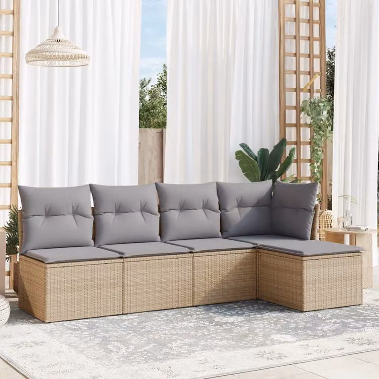 vidaXL Set Divano da Giardino a L 5 pz con Cuscini Beige e Grigio in Polyrattan e Struttura in Acciaio Verniciato a Polvere