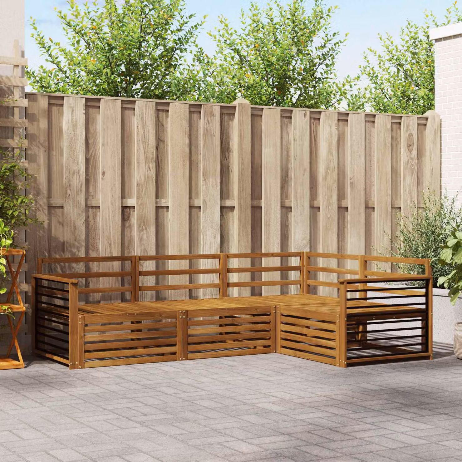 Set di divani da esterno vidaXL 4 pz in legno di acacia massello marrone con cuscini inclusi, configurazione a L moderna per giardino e terrazza
