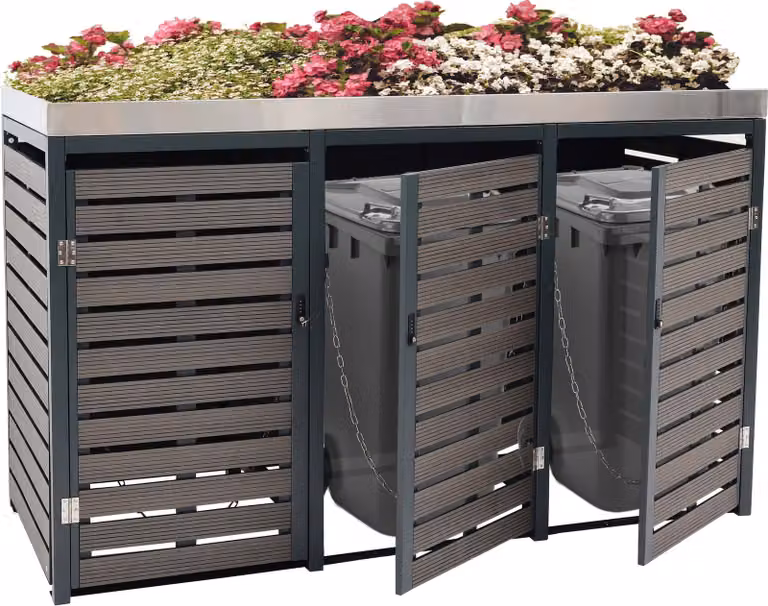 3 contenitori per rifiuti HWC-K14, contenitore per rifiuti con fioriera, 124x200x84cm WPC acciaio inox 107kg ~ antracite